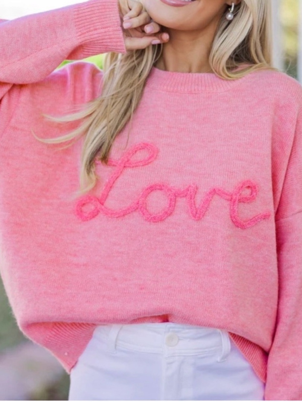 Shop the mint “With Love” Pink Script Sweater
